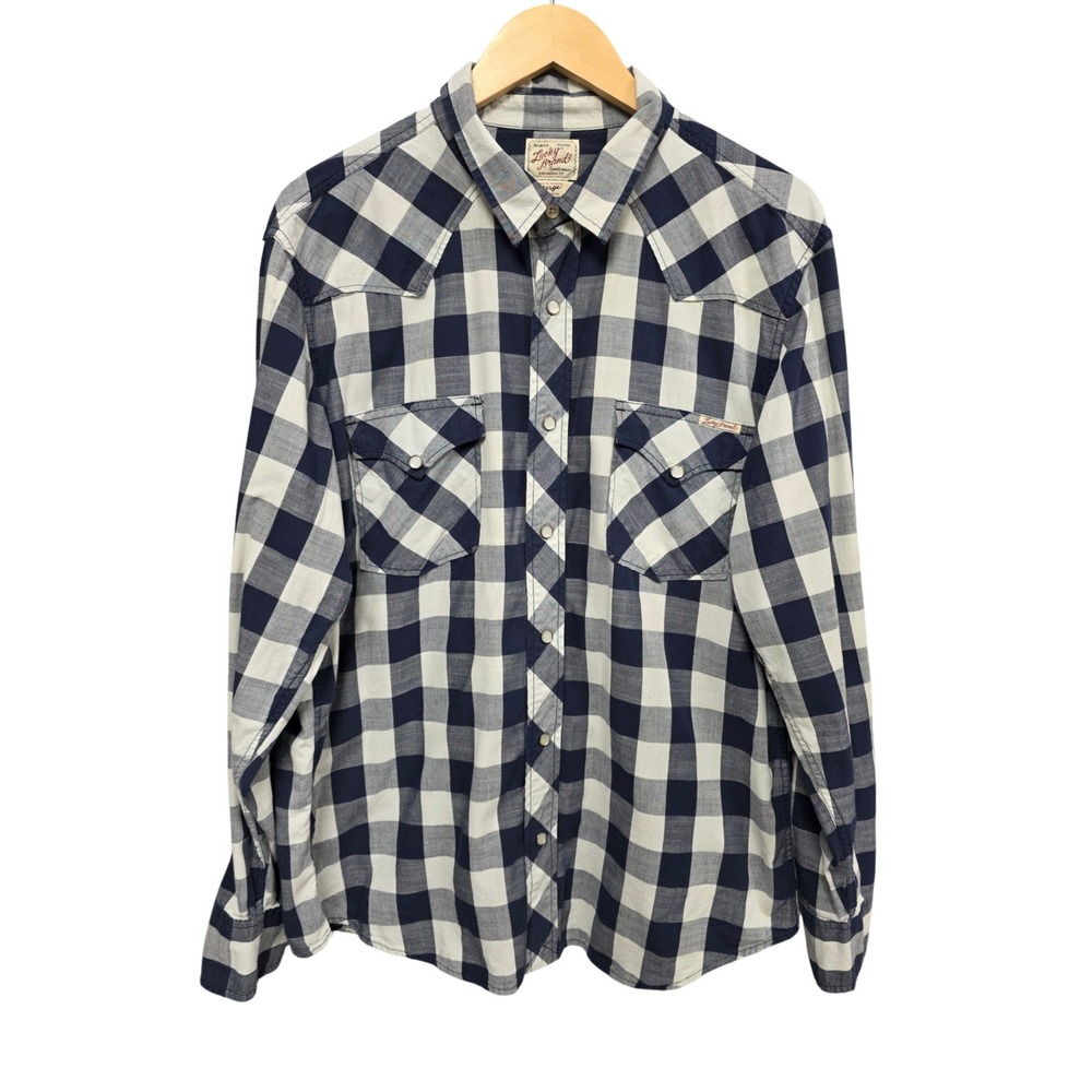 Lucky Brand Button Front Shirt Men L Blue White Plaid Western Cowboy Snap Pocket